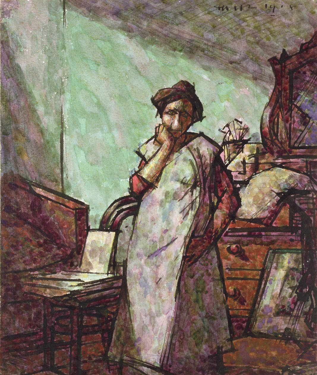 Interiör med Mrs Mounter i en overall, 1 december 1918 av Harold Gilman