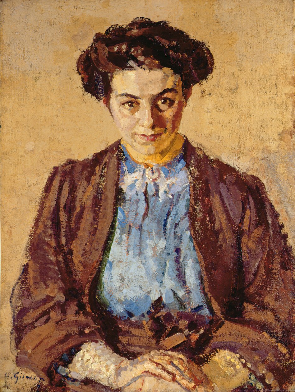 Den blå blusen, porträtt av Elene Zompolides (1880-1958) (olja på duk) av Harold Gilman