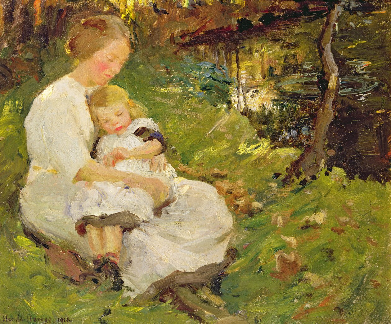 Mor och barn i ett skogslandskap av Harold Harvey