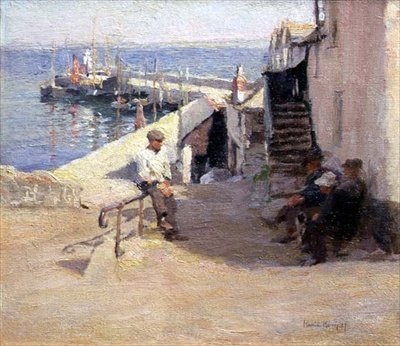 Newlyn Street Scene (olja på duk) av Harold Harvey