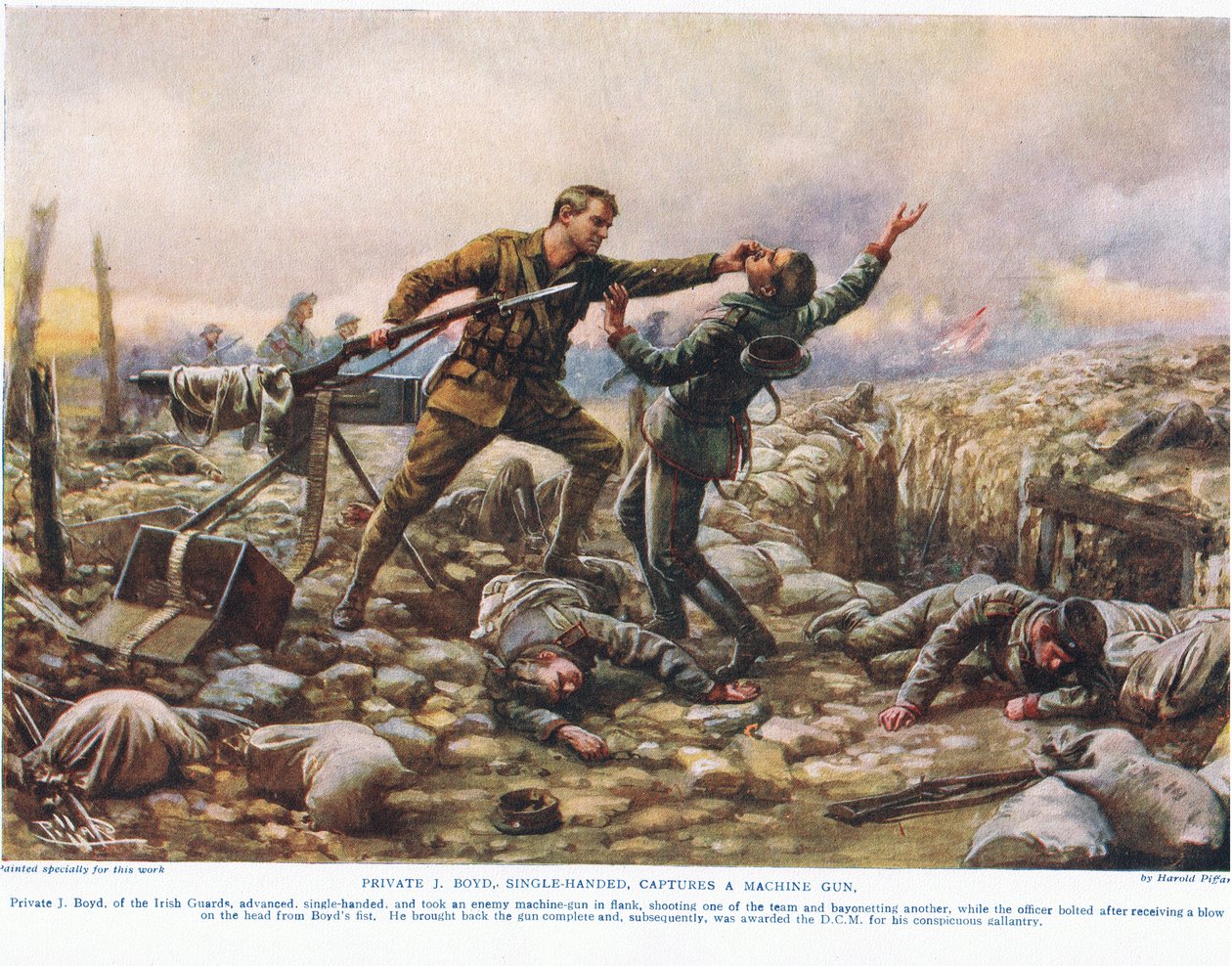 Menig J. Boyd, ensam, fångar ett maskingevär, illustration från "Deeds that Thrill the Empire", publicerad av Hutchinson und Co., ca 1920 av Harold Hume Piffard