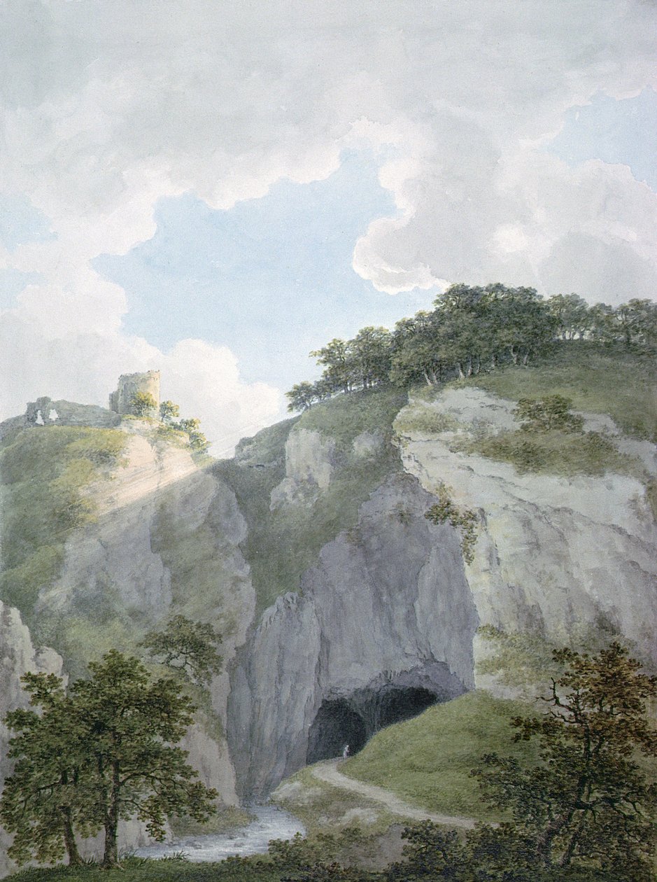 Vy över slottet och grottor i Castleton, Derbyshire av Harriet Lister