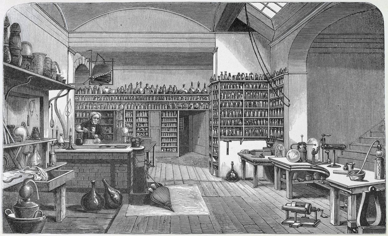 Michael Faraday (1791-1867) i sitt källarlaboratorium, från Henry Bence Jones bok "The Life and Letters of Faraday", publicerad 1870, 1869. av Harriet Jane Moore
