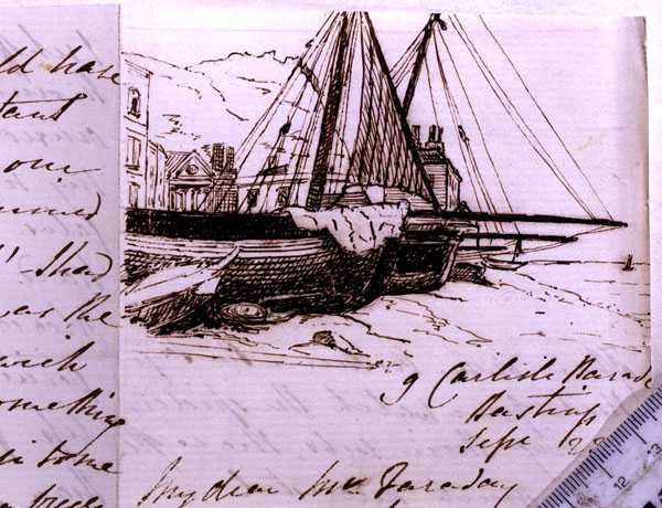 RI MS F1 I160 Vignett av fiskebåtar vid Hastings, en skiss i ett brev till Michael Faraday (1791-1867), 23 september 1853 (penna och bläck på papper) av Harriet Jane Moore