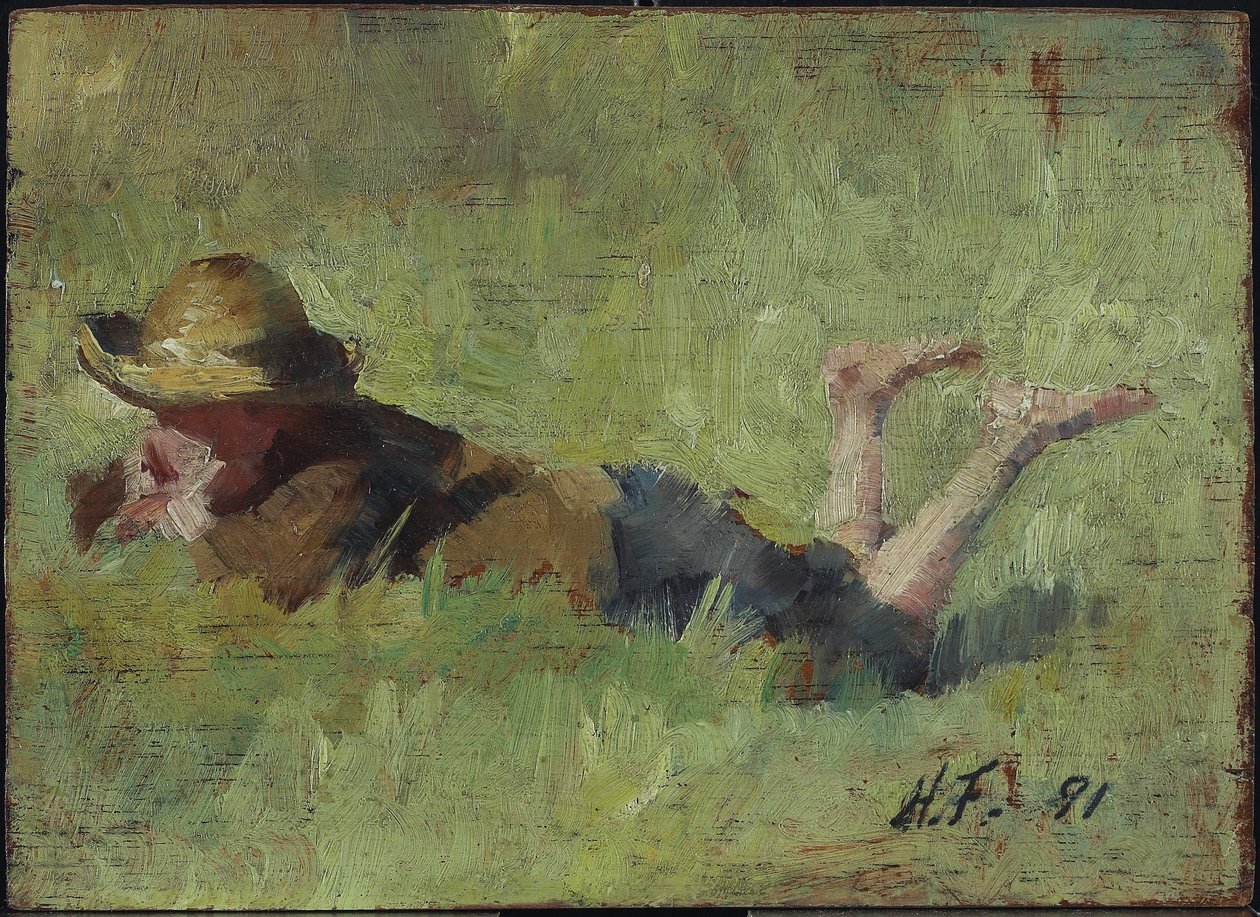 Pojke som ligger i gräs, 1890 (olja på träpanel) av Harriet Mary Ford