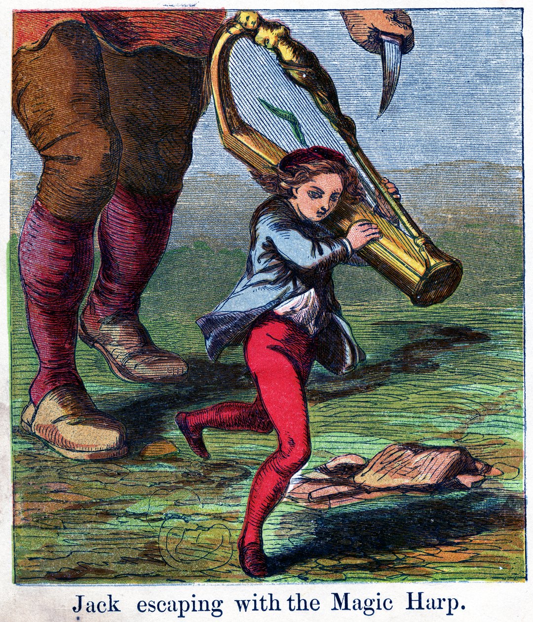 Jack flyr med den magiska harpan, 1867 (chromolitho) av Harrison William Weir