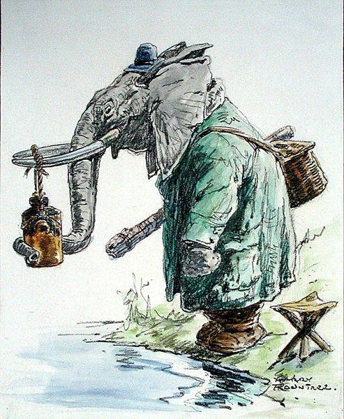 Elefanten fiskar (penna, bläck, akvarell och kol på papper) av Harry Rountree