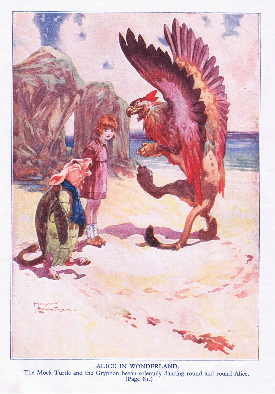 Den falska sköldpaddan och Gryphon började högtidligt vända sig runt Alice (färg litho) av Harry Rountree
