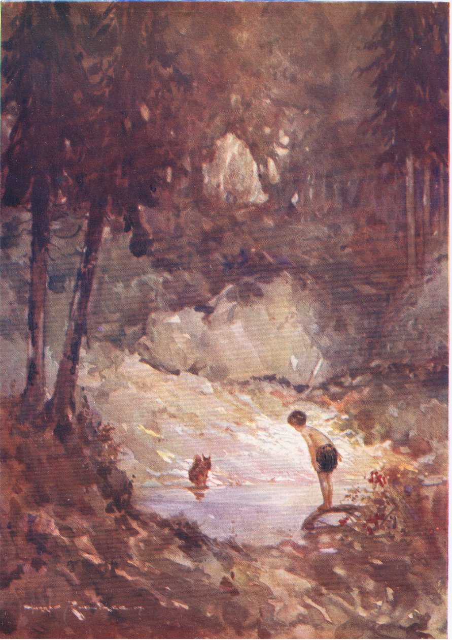 "Du kan lika gärna hoppa in nu," sa ekorren till Gilbert (från The Forest Foundling) (färg litho) av Harry Rountree