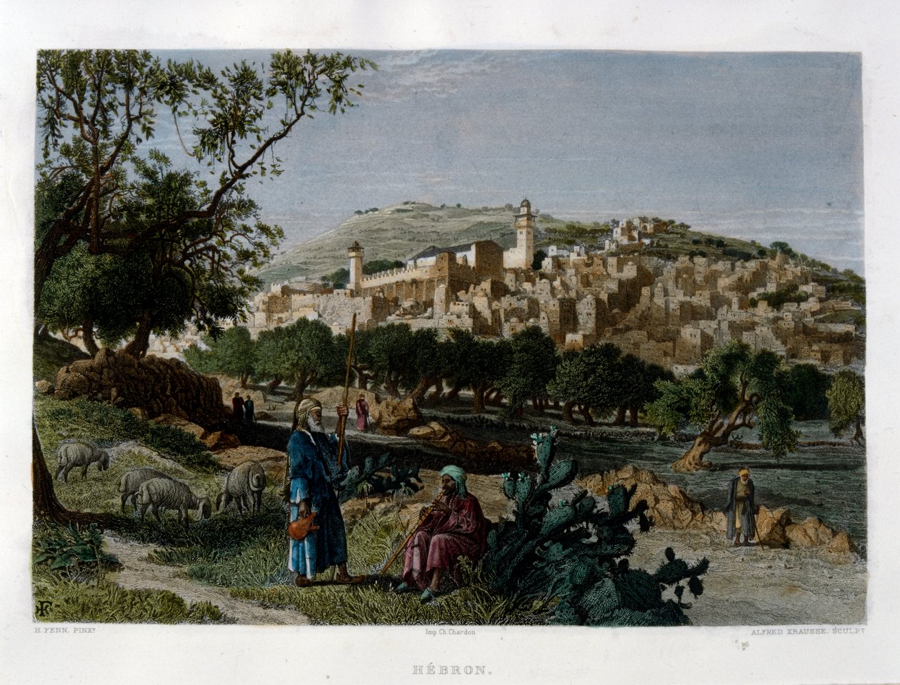 Hebron, graverad av Alfred Krausse efter en bild av Harry Fenn, publicerad i Picturesque Palestine, omkring 1875 av Harry ) Fenn