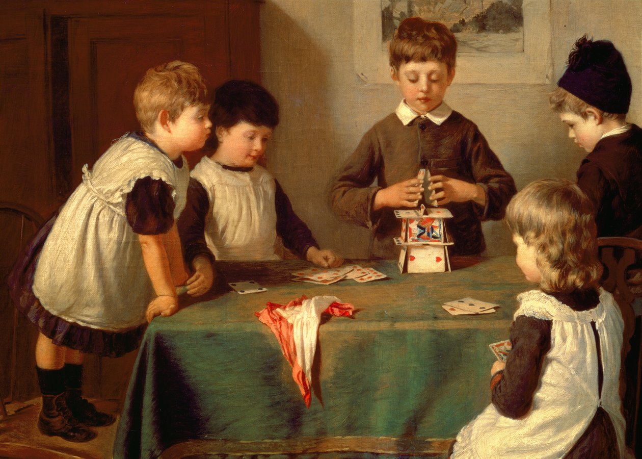 Ett kritiskt ögonblick, detalj av barn som bygger ett korthus av Harry Brooker