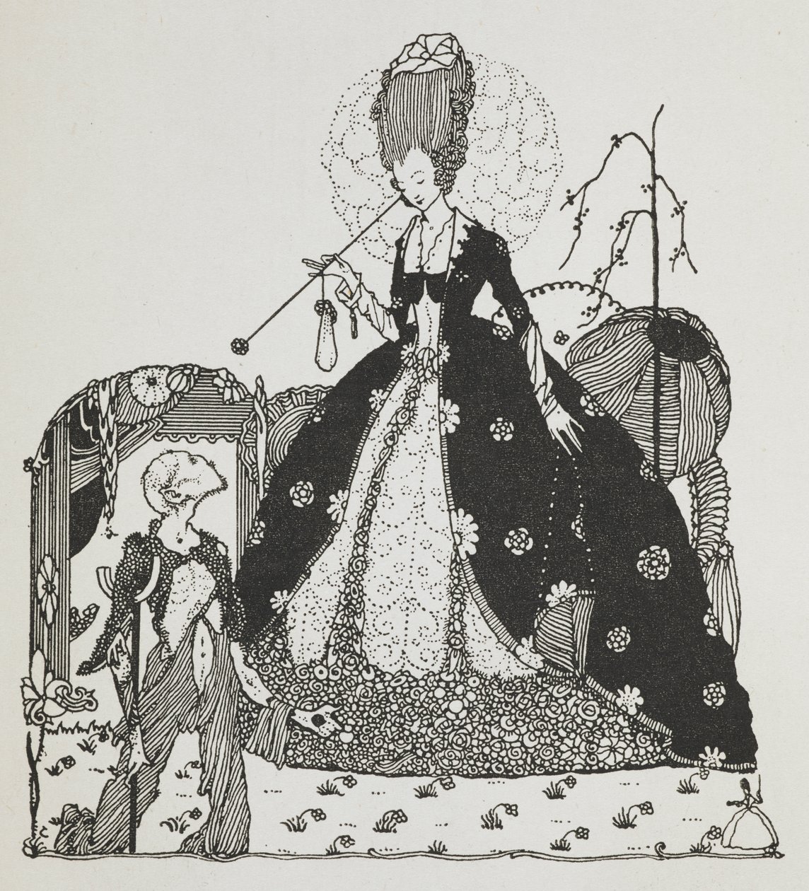 En dam som tittar ner på en bonde och tigger om pengar. av Harry Clarke
