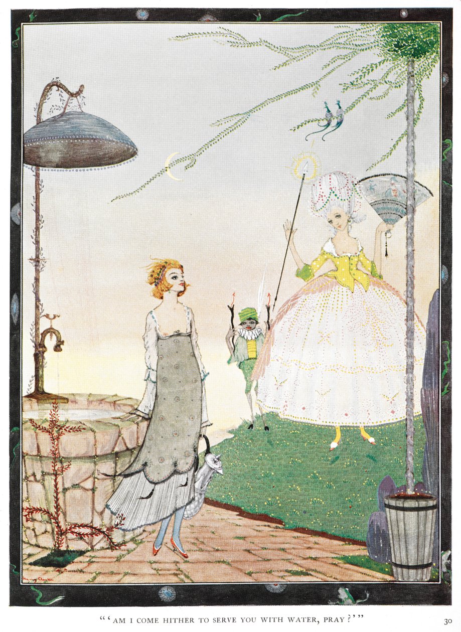 "Har jag kommit hit för att tjäna dig med vatten, be?" Illustration till berättelsen, "fen". En ung kvinna som möter en älva som ser ut som en välklädd dam. av Harry Clarke