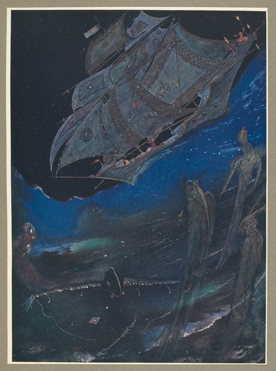 En illustration som visar ett fartyg till havs och fisk under det. av Harry Clarke