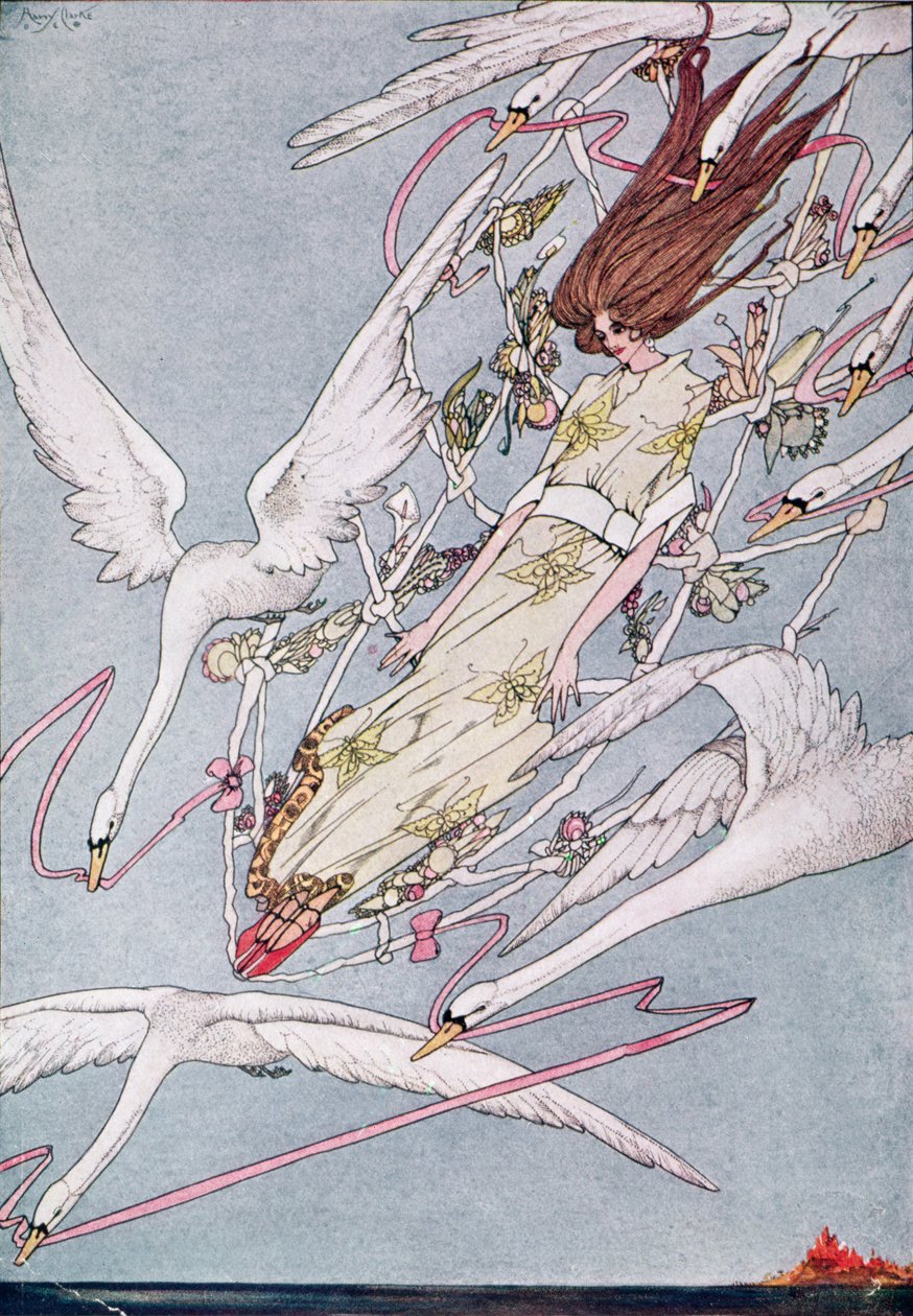 "Och hela dagen flög de vidare", illustration från Wild Swans av Hans Christian Andersen av Harry Clarke