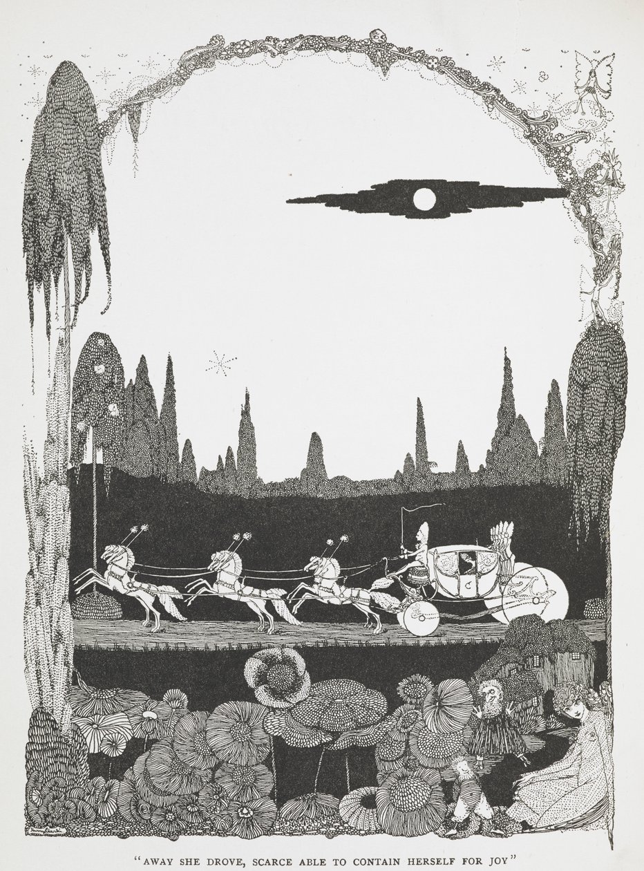 "Bort hon körde, knappt att hålla sig själv av glädje." Illustration till berättelsen Askungen eller den lilla glastoffeln