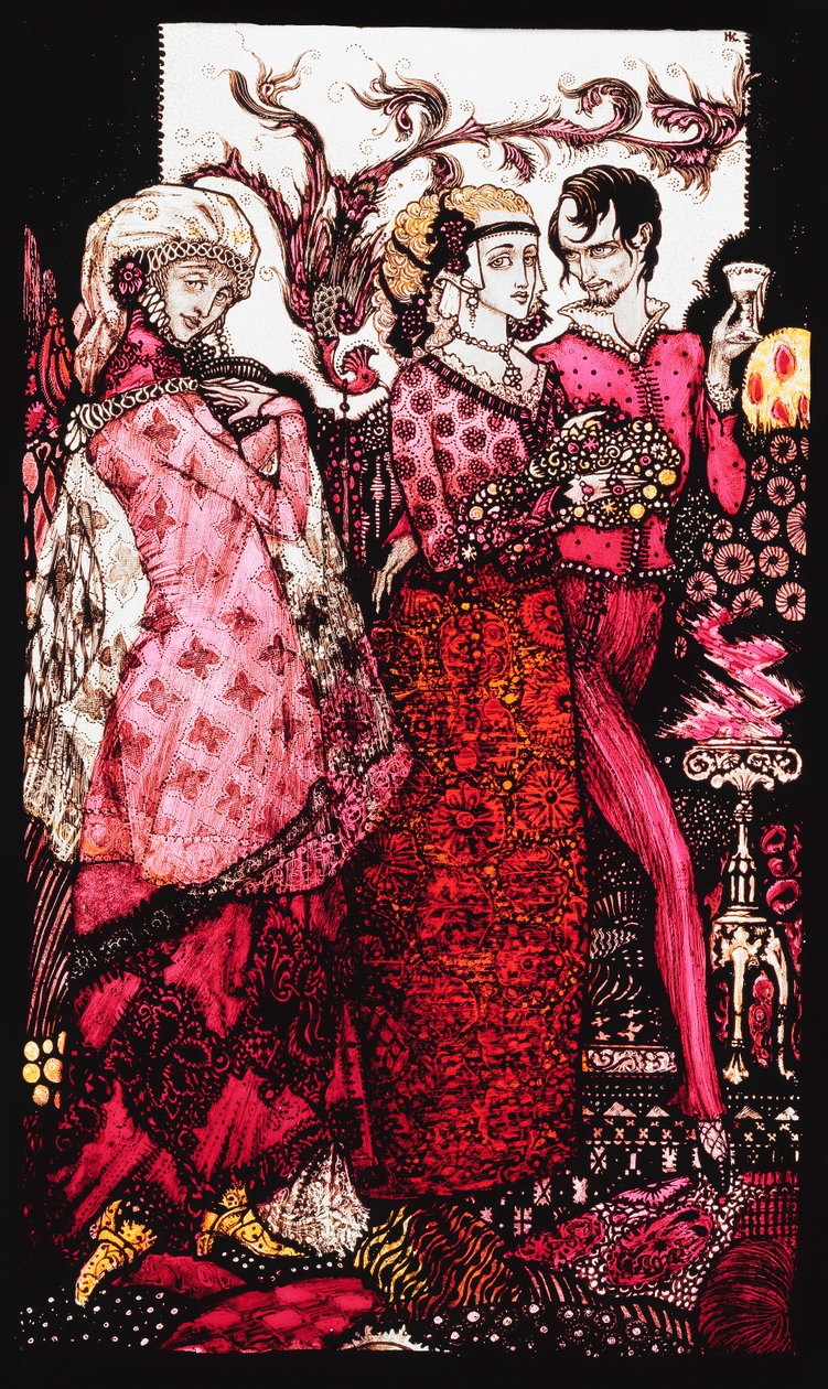 Bert the Bigfoot, Sung by Villon". "Queens", nio glaspaneler syrade, färgade och målade, Illustrerande J.M. Synges dikt, 1917 av Harry Clarke