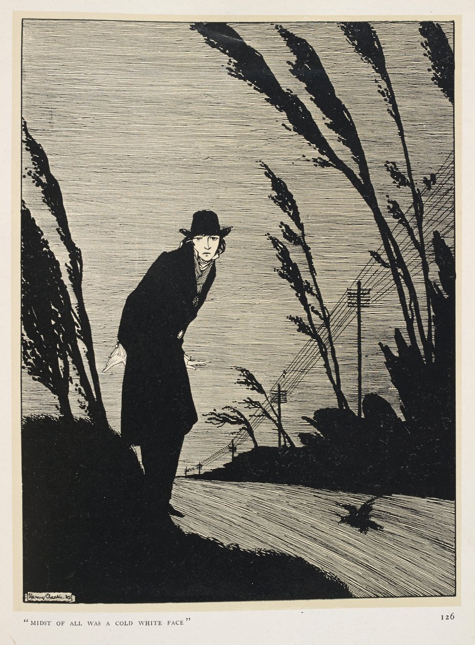 Svartvitt. "Mitt bland allt var ett kallvitt ansikte". En man klädd i svart; en rad telegrafstolpar. av Harry Clarke