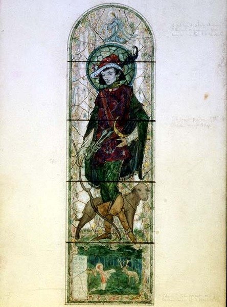 Design för ett enkelt ljust fönster med figuren St. Hubert av Harry Clarke