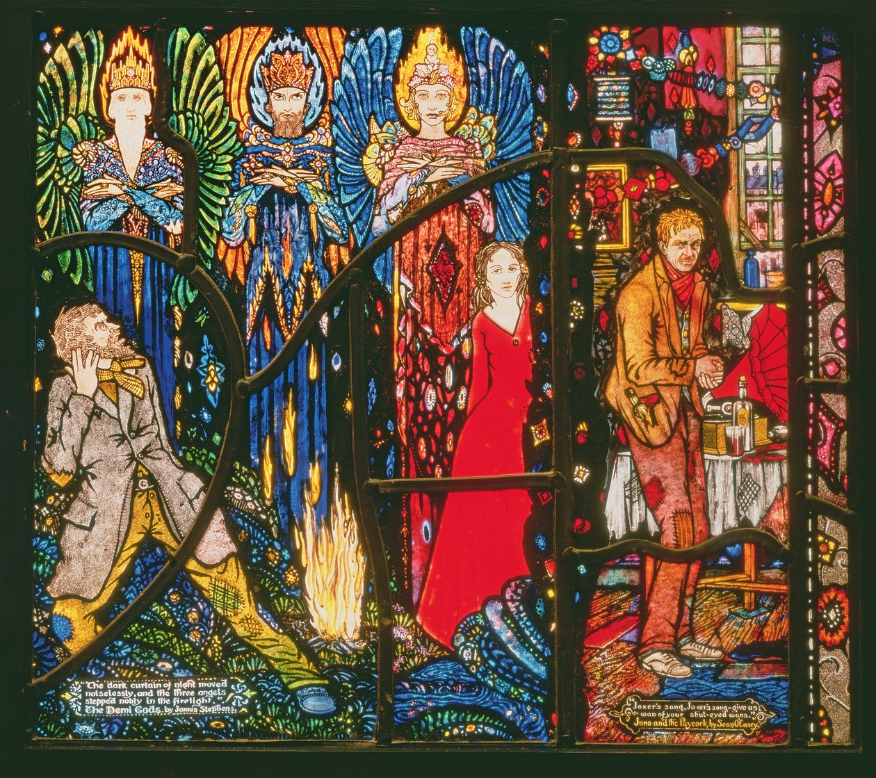 Detalj från Genèvefönstret som visar The Demi Gods av James Stephens och Juno and the Paycock av Sean OCasey, 1929 av Harry Clarke