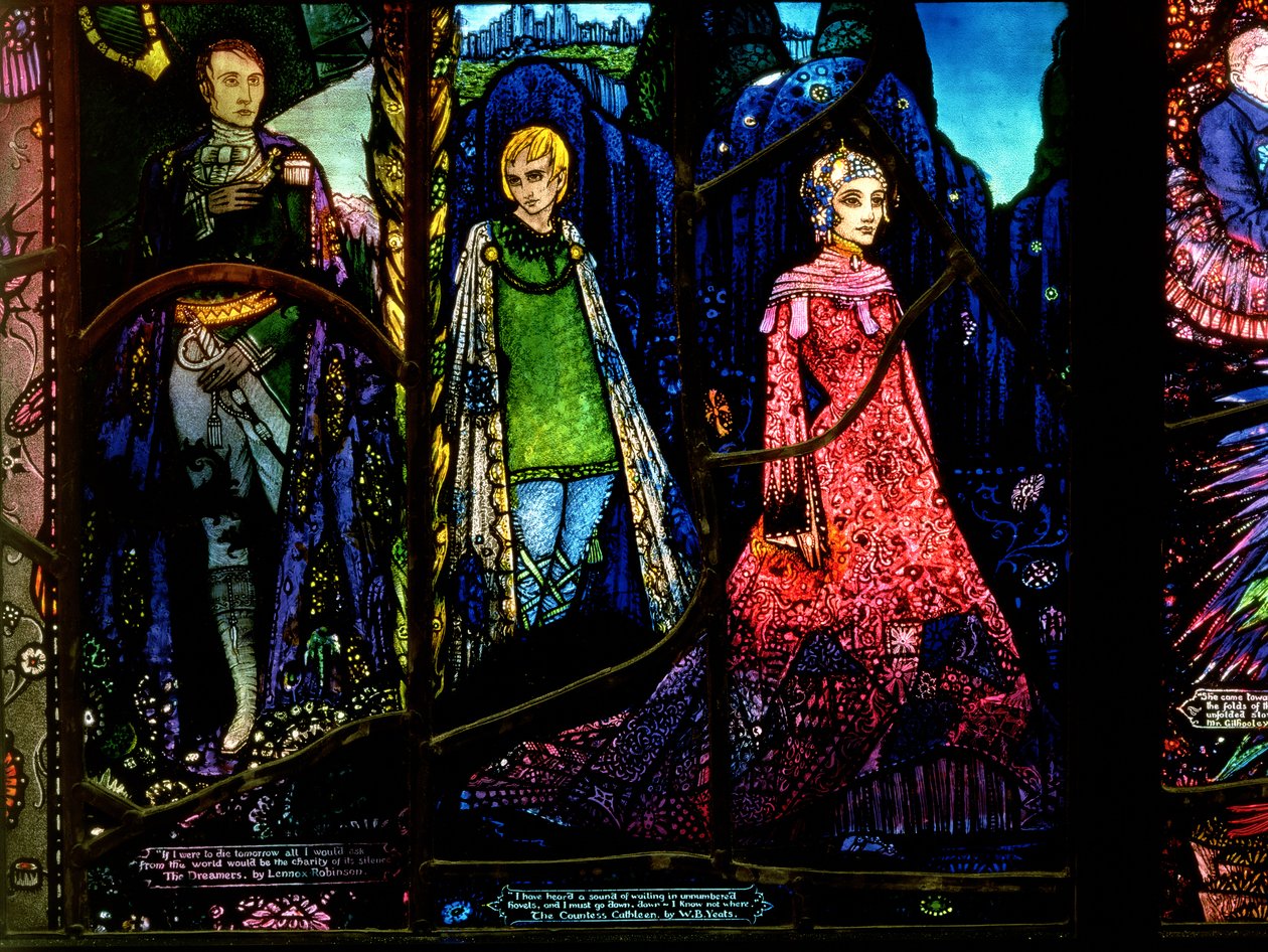 Detalj från Genèvefönstret som visar The Dreamers av Lennox Robinson (1886-1958) och grevinnan Cathleen av W.B. Yeats (1865-1939) av Harry Clarke