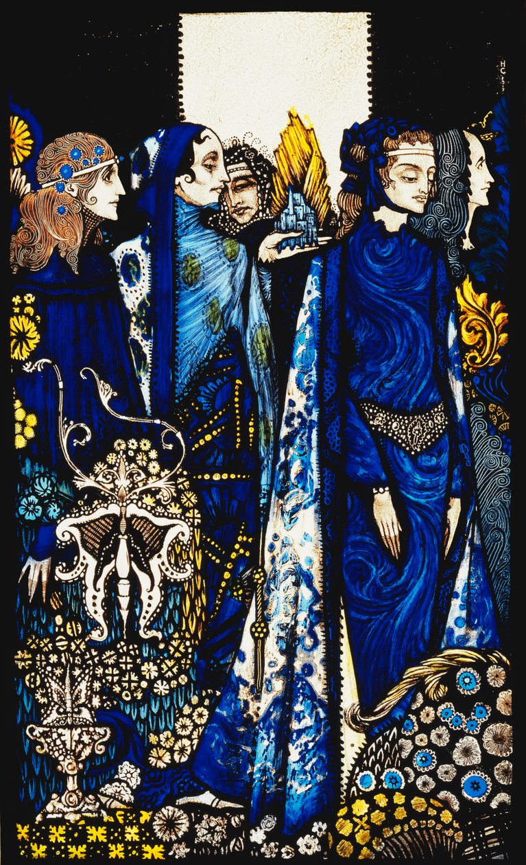 Etain, Helen, Maeve och Fand, Golden Deirdres ömma hand". "Queens", nio glaspaneler syrade, färgade och målade, Illustrerande J.M. Synges dikt, 1917 av Harry Clarke