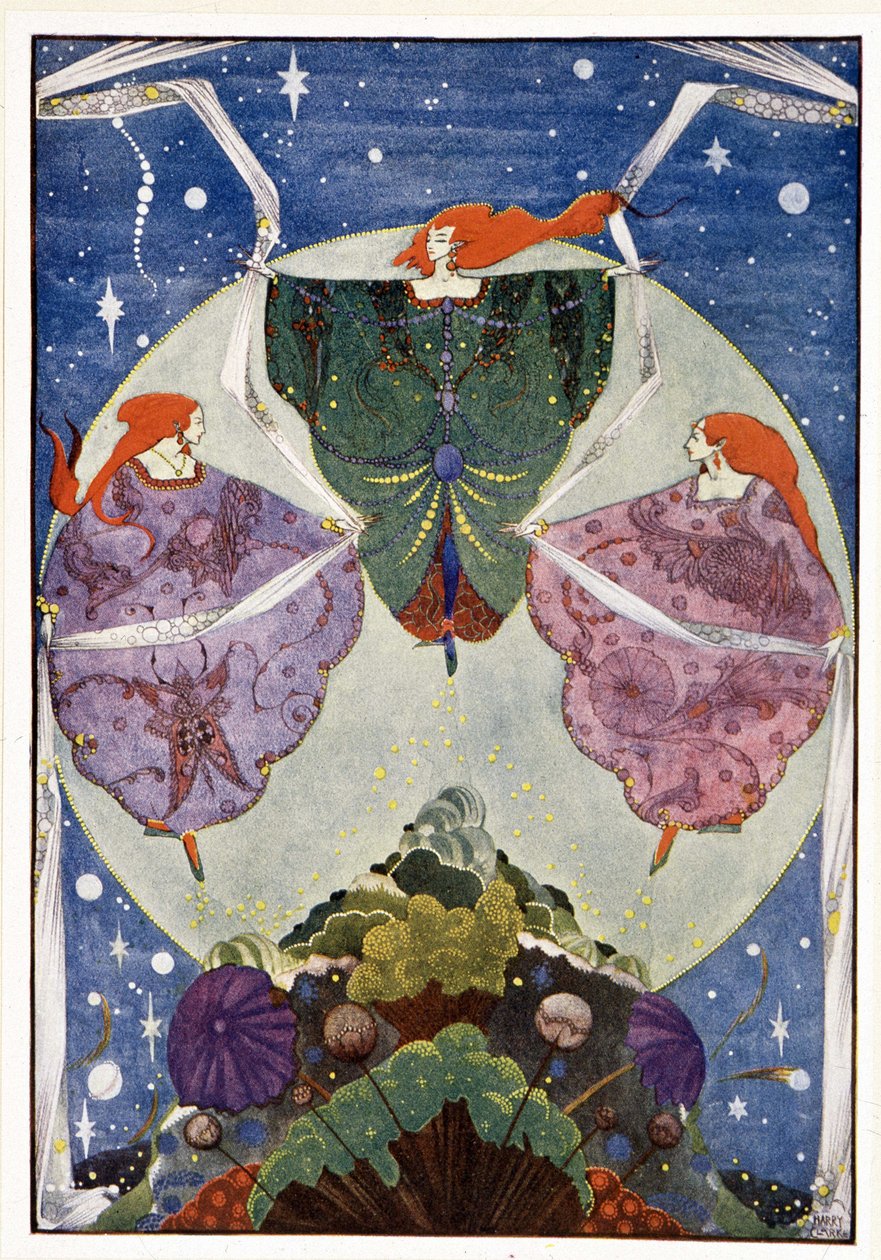 Feer:”” De dansade med sjalar som var vävda av dimma och månsken””: Alvbacken - i ”” Sagor”” av Hans Christian Andersen, ill. av Harry Clarke av Harry Clarke