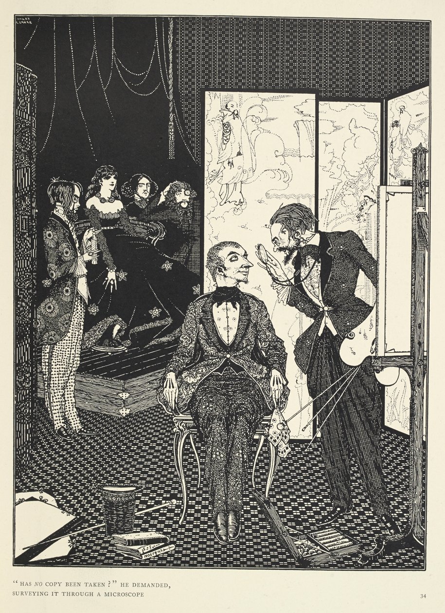 "Har ingen kopia tagits?" frågade han och granskade den genom ett mikroskop. Illustration till berättelsen "djävulen i klockstapeln". av Harry Clarke