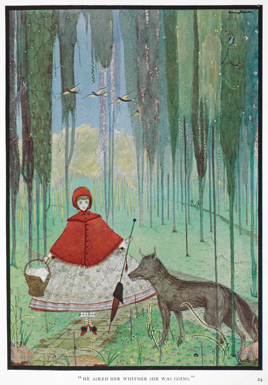 "Han frågade henne vart hon skulle." Rödluvan möter vargen, i en skog. av Harry Clarke