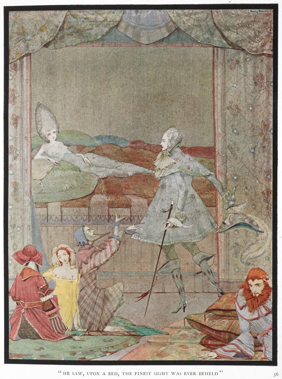 "Han såg, på en säng, den finaste syn som någonsin skådats." Prinsen som ser prinsessan, "Törnrosa", på sin säng. av Harry Clarke