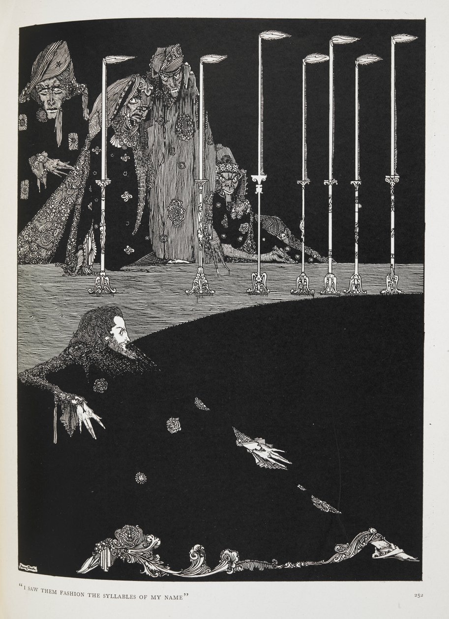 "Jag såg dem skapa stavelserna i mitt namn". Illustration till berättelsen, "gropen och pendeln". av Harry Clarke