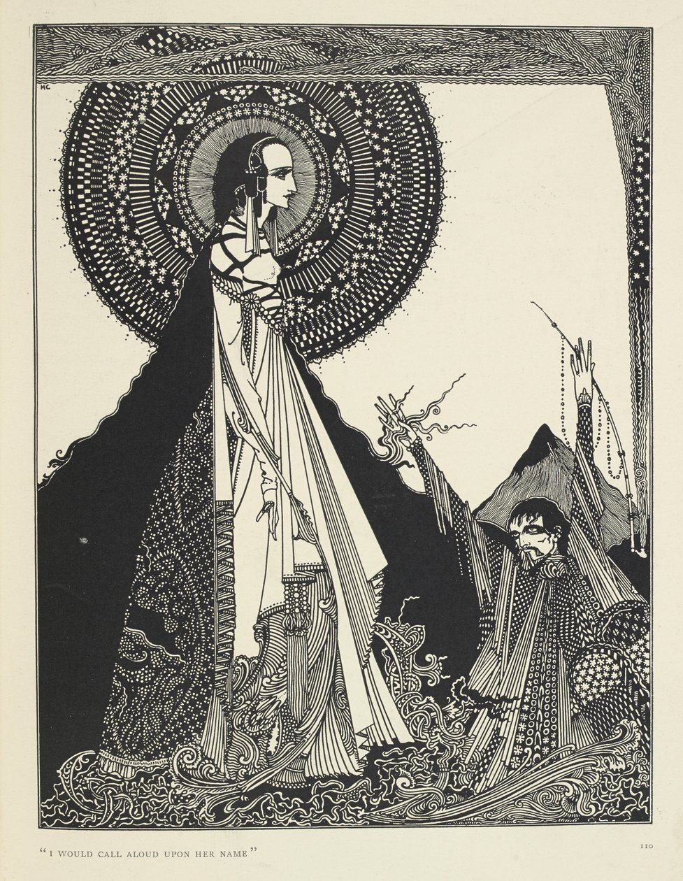"Jag skulle ropa högt på hennes namn." Illustration av Ligeia, en novell. "Ligeia" är en novell av Edgar Allan Poe. Berättelsen följer en icke namngiven berättare och hans fru Ligeia, en vacker och intelligent korphårig kvinna. Hon blir sjuk, komponerar "T av Harry Clarke