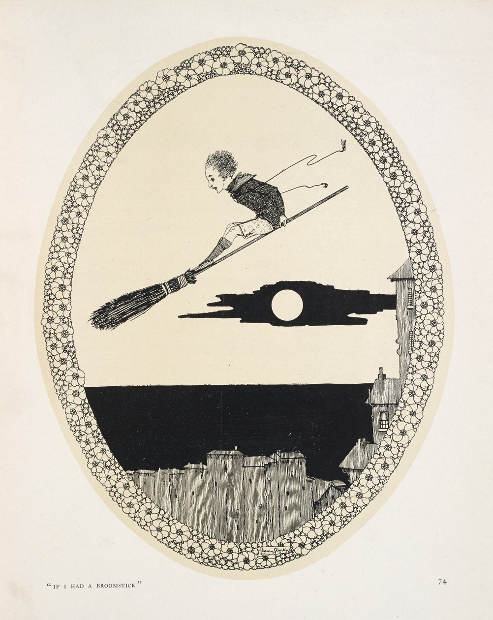 "Om jag hade en kvast". Illustration till en dikt av Patrick R. Chalmers. En pojke på en kvast av Harry Clarke