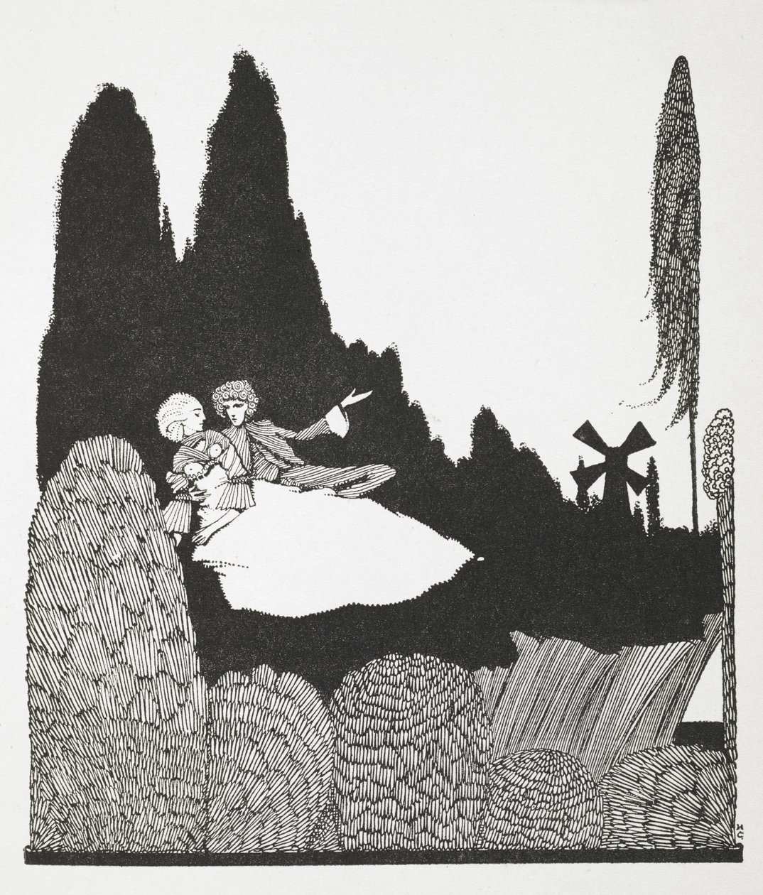 Illustration till berättelsen, "Mästerkatten eller puss i stövlar". av Harry Clarke
