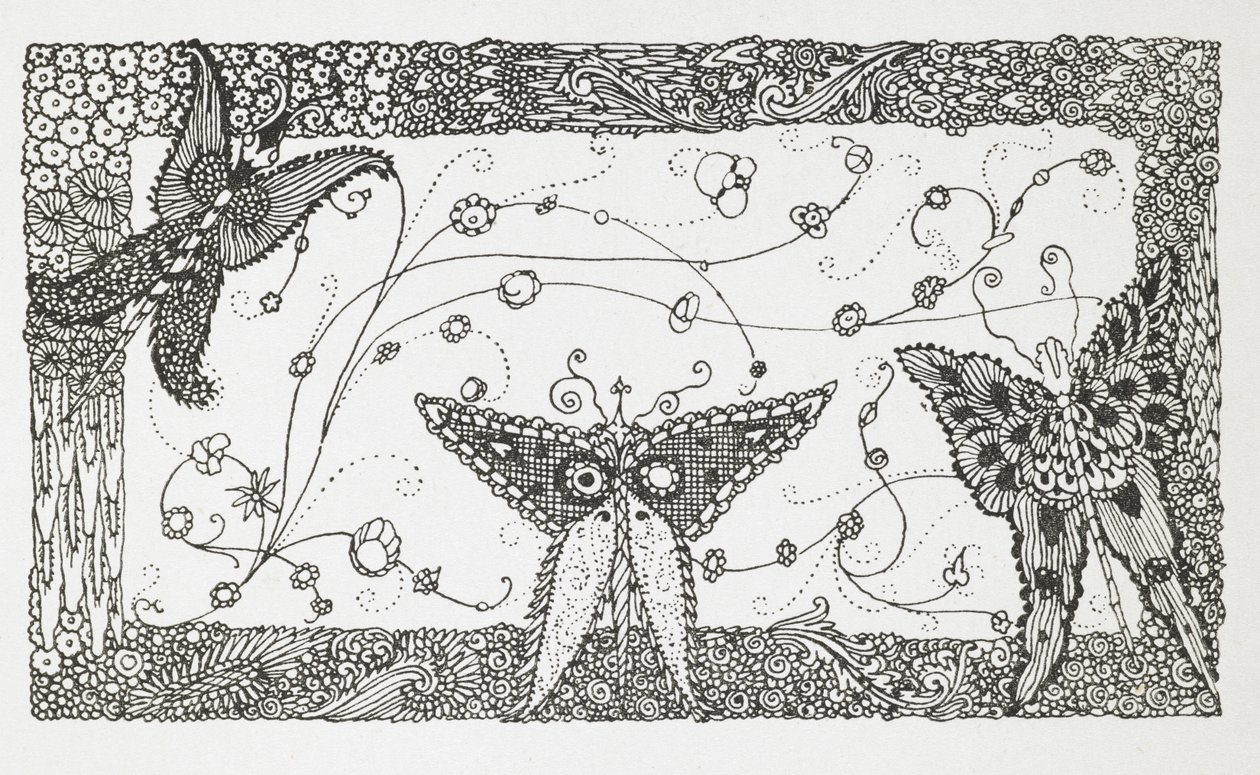 Illustration till berättelsen, "Mästerkatten eller puss i stövlar". En fjärilsdesign. av Harry Clarke