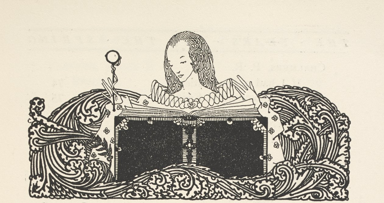 Illustration som visar en kvinna som läser en bok, högst upp på innehållssidan. av Harry Clarke