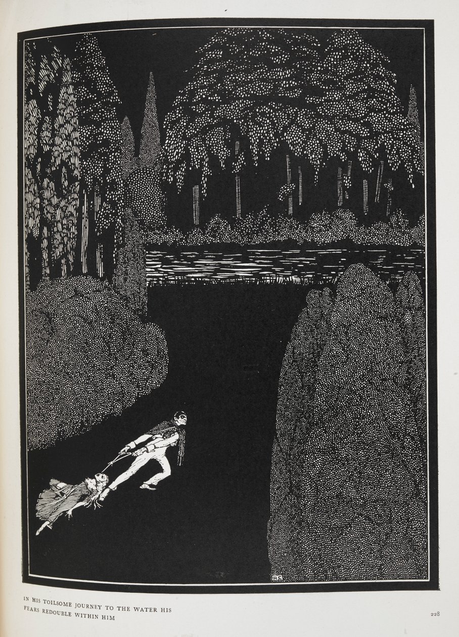 På hans mödosamma resa till vattnet fördubblas hans rädsla med honom. Illustration till berättelsen "Mysteriet med Marie Roget". av Harry Clarke