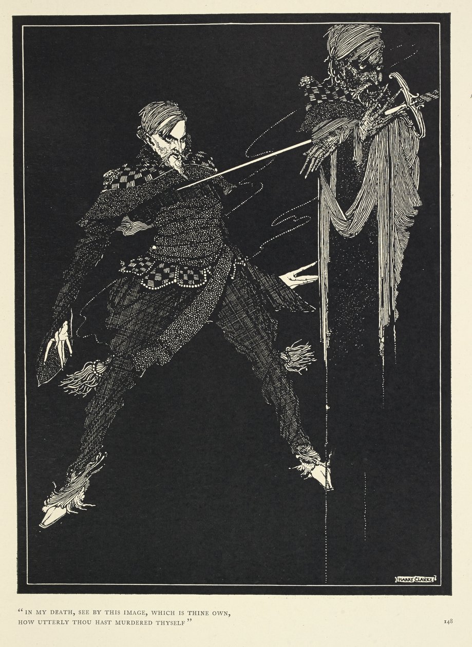 "I min död, se av denna bild, som är din egen, hur fullständigt du har mördat dig själv". Berättarens dubbelgångare, i "William Wilson," The Gift (1839). av Harry Clarke