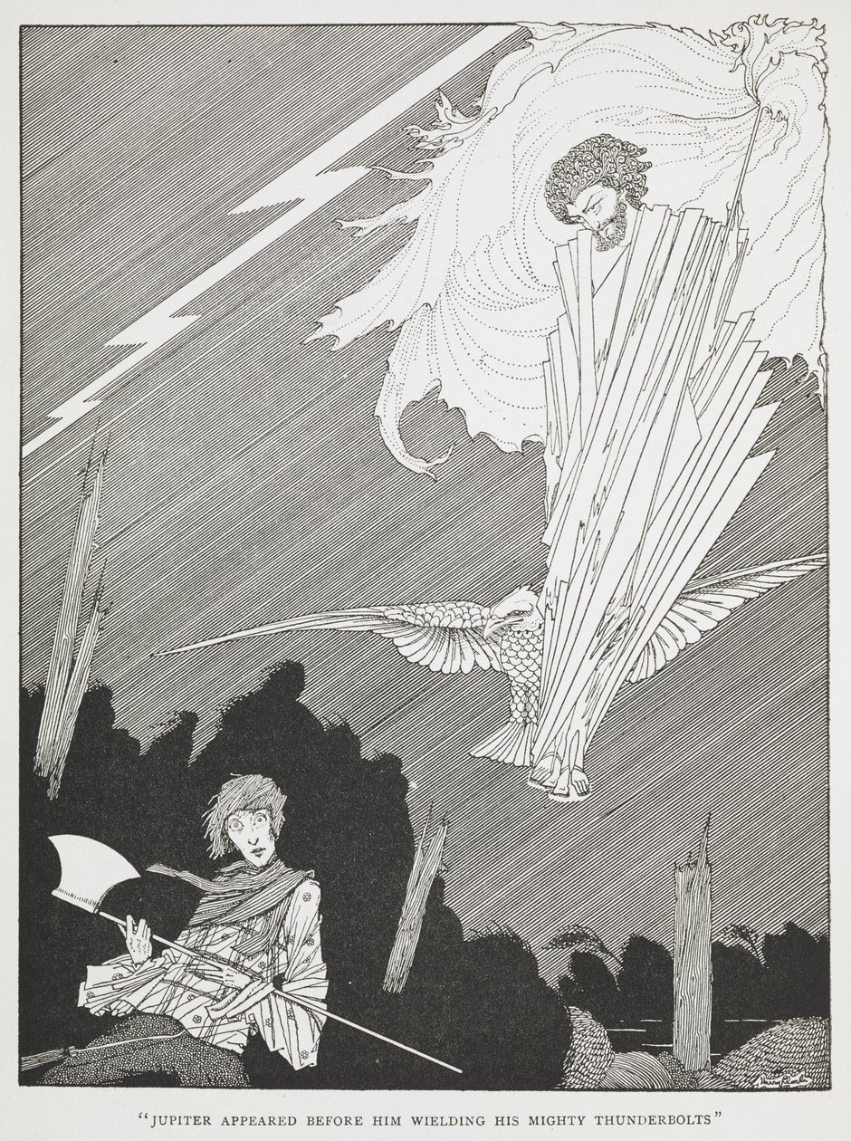 "Jupiter dök upp framför honom med sina mäktiga åskbultar." Illustration för "de löjliga önskningarna." av Harry Clarke