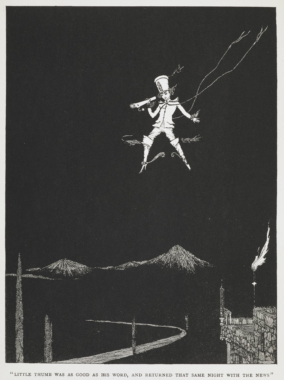 "Lilla tummen var lika bra som hans ord, och återvände samma natt med nyheterna." En budbärare som flyger genom natthimlen. Illustration till berättelsen, "lilla tummen." av Harry Clarke