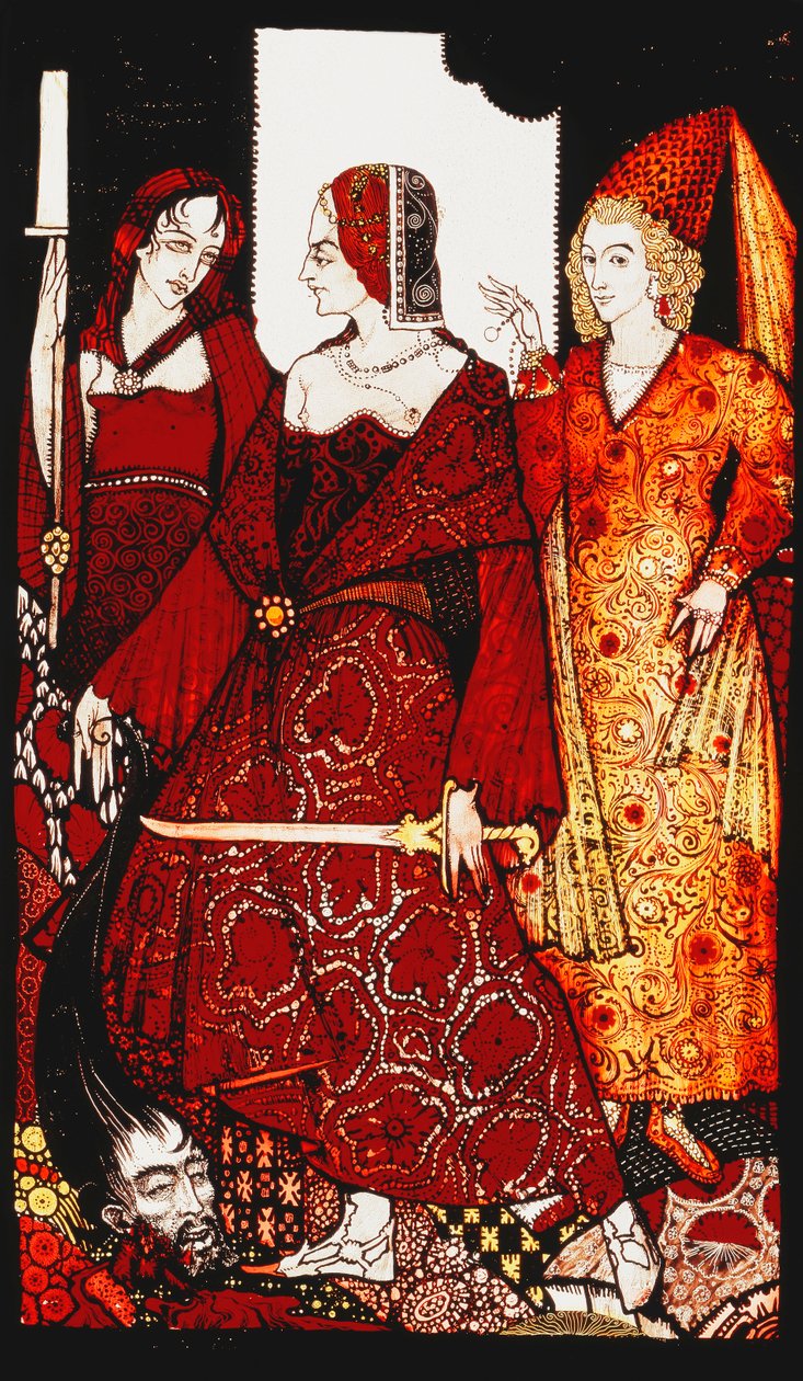 Queens who cut the hogs of Glanna...". "Queens", nio glaspaneler syrade, färgade och målade, Illustrerande J.M. Synges dikt, 1917 av Harry Clarke