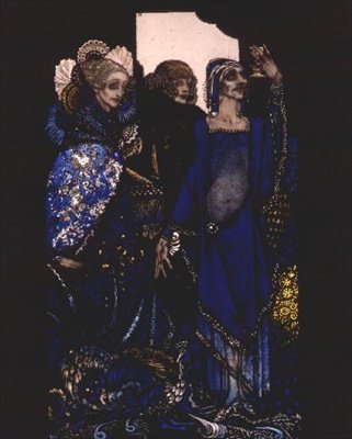 "Queens who wasted the East by proxy..." Illustration av Harry Clarke till "Queens" av J.M. Synge av Harry Clarke