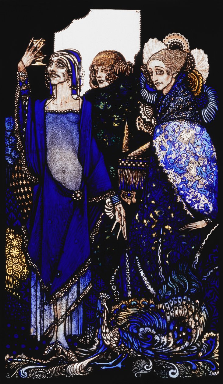 Drottningar som slösade östern genom proxy...". "Drottningar", nio glaspaneler syrade, färgade och målade, Illustrerande J.M. Synges dikt, 1917 av Harry Clarke