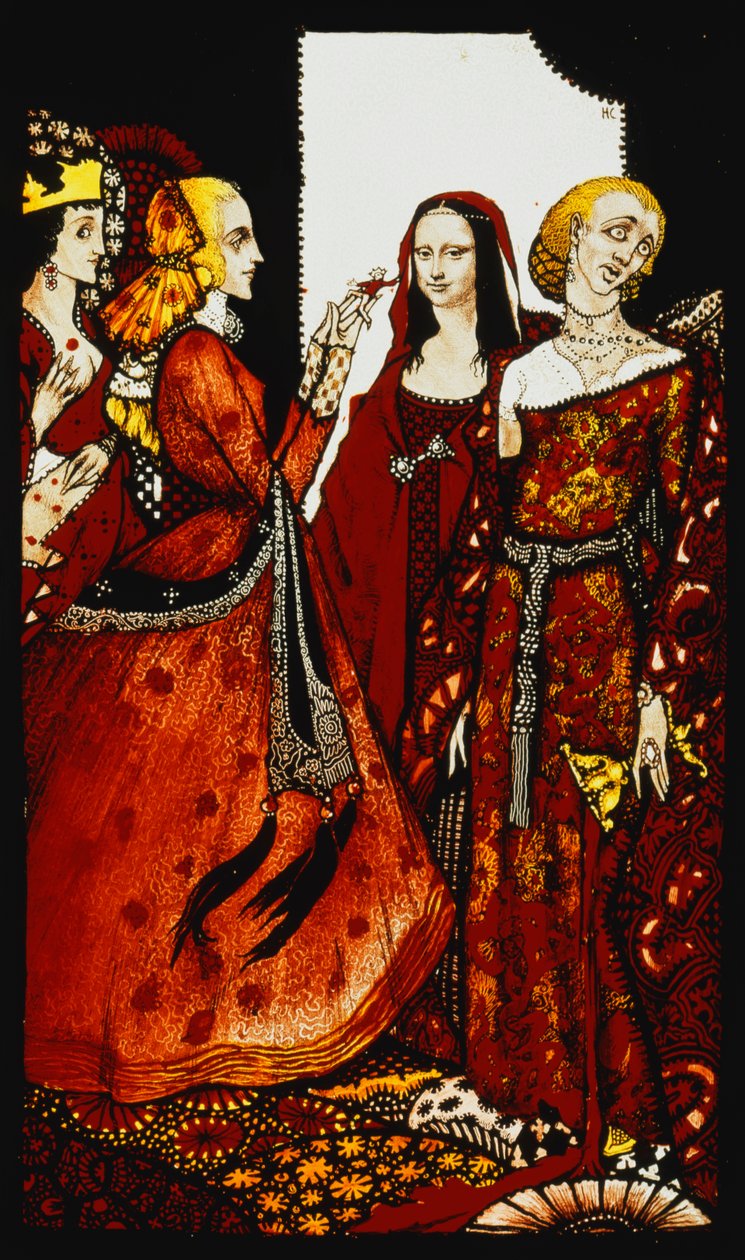 Drottningar vars finger en gång rörde män." "Drottningar", nio glaspaneler syrade, färgade och målade, Illustrerande J.M. Synges dikt, 1917 av Harry Clarke