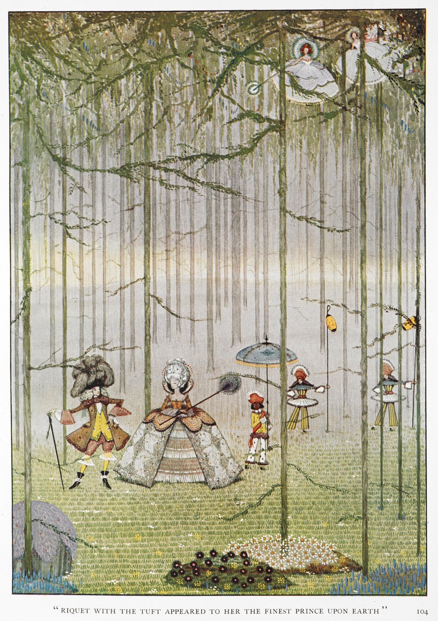 "Riquet med tofsen framstod för henne som den finaste prinsen på jorden." Illustration till berättelsen, "Riquet med tofsen." En prinsessa i en skog som möter prins Riquet med tofsen. av Harry Clarke
