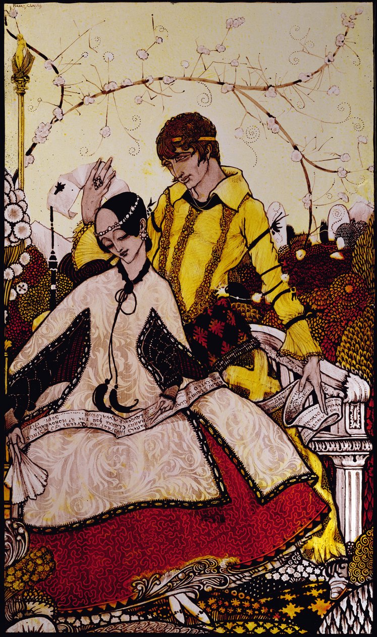Sju hunddagar lät vi passera och namngav Queens i Glenmacnass Illustration av Harry Clarke från "Queens" av J.M. Synge av Harry Clarke