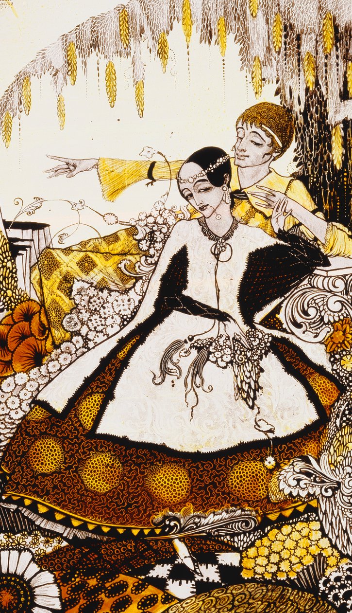 Sju hunddagar lät vi passera och döpte Queens in Glenmacnass". "Queens", nio glaspaneler syrade, färgade och målade, Illustrerande J.M. Synges dikt, 1917 av Harry Clarke