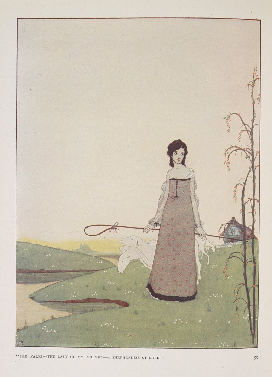 "Hon går - min fröjds dam - en herdinna av får." Illustration för herdinnan av Alice Meynell. av Harry Clarke