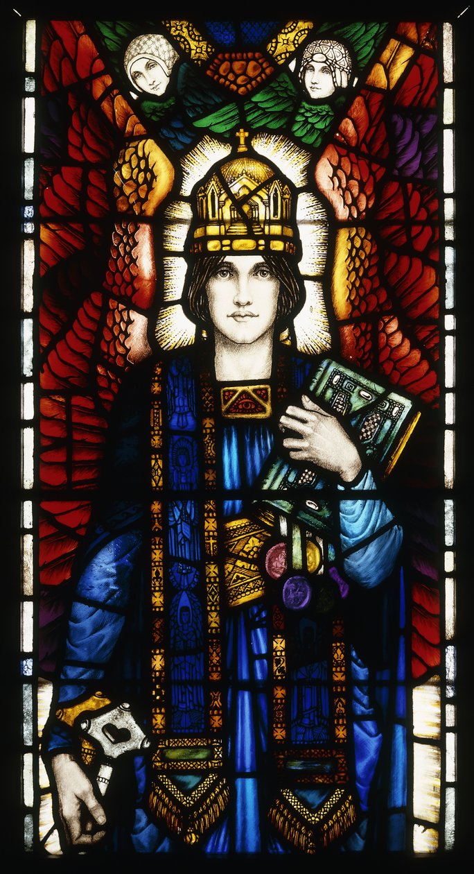 St. Peter", en målad glaspanel, föreställande den bevingade ungdomlige St. Peter som bär en mitra och håller symboliska nycklar och bok, med ett par åtföljande änglar, ca 1910-13 av Harry Clarke