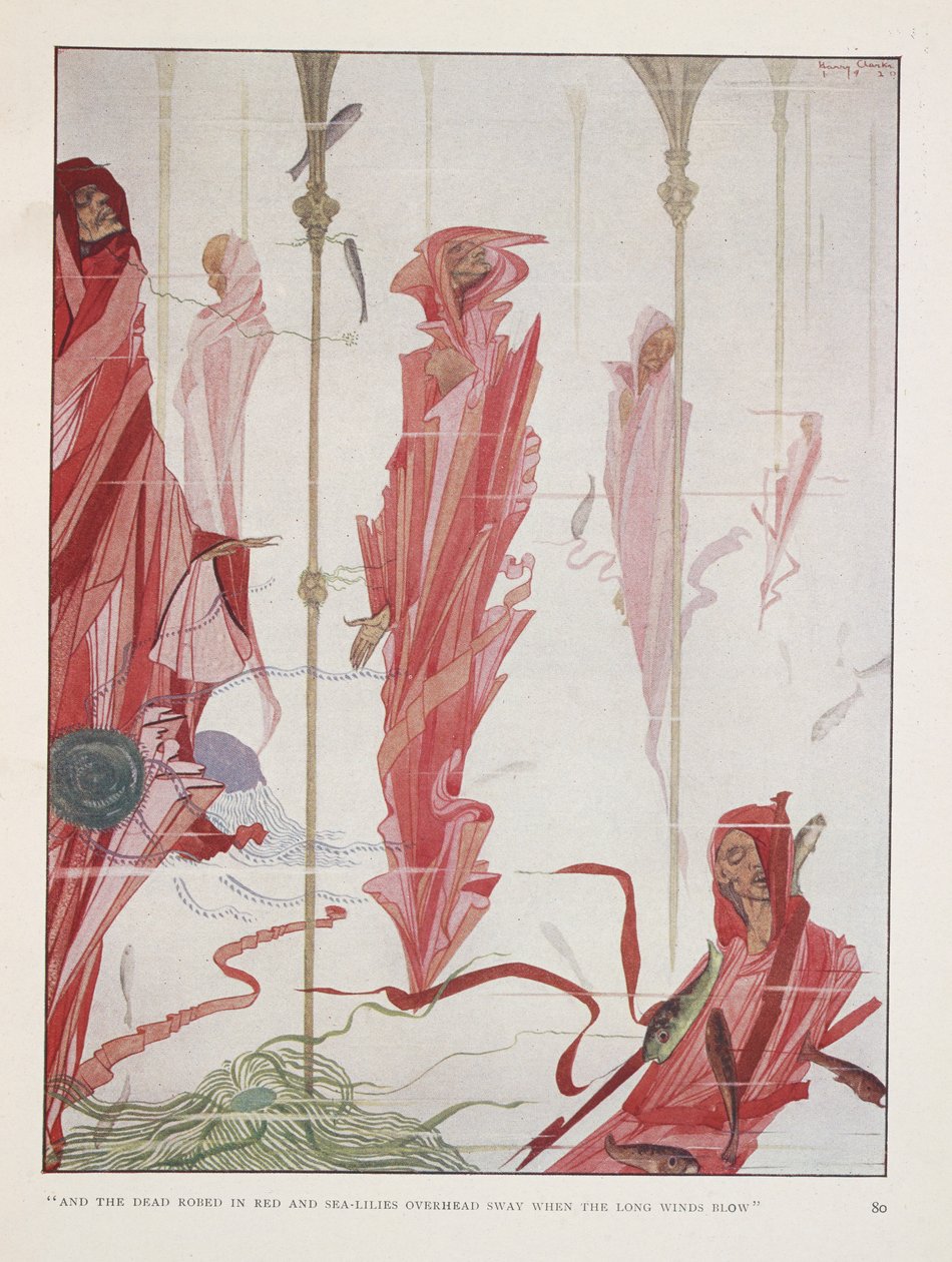 Den döende patrioten. "Och de döda klädda i rött och sjöliljor över huvudet   svaja när de långa vindarna blåser" av Harry Clarke